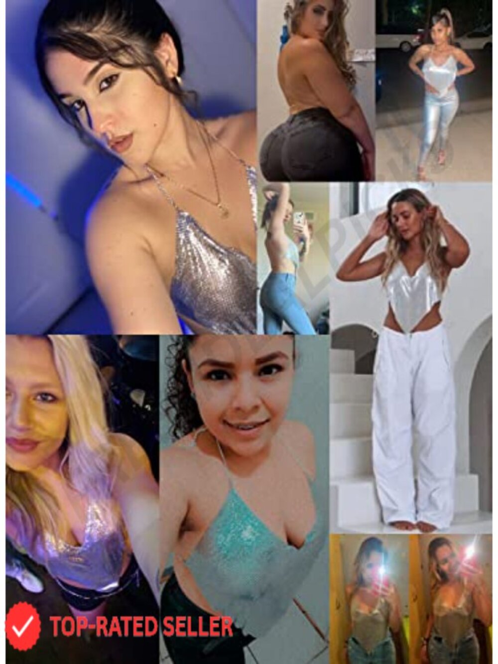 Metallic Chain Sequin Rhinestone Backless Crop Halter Top Club Rave - Picture 3 of 6